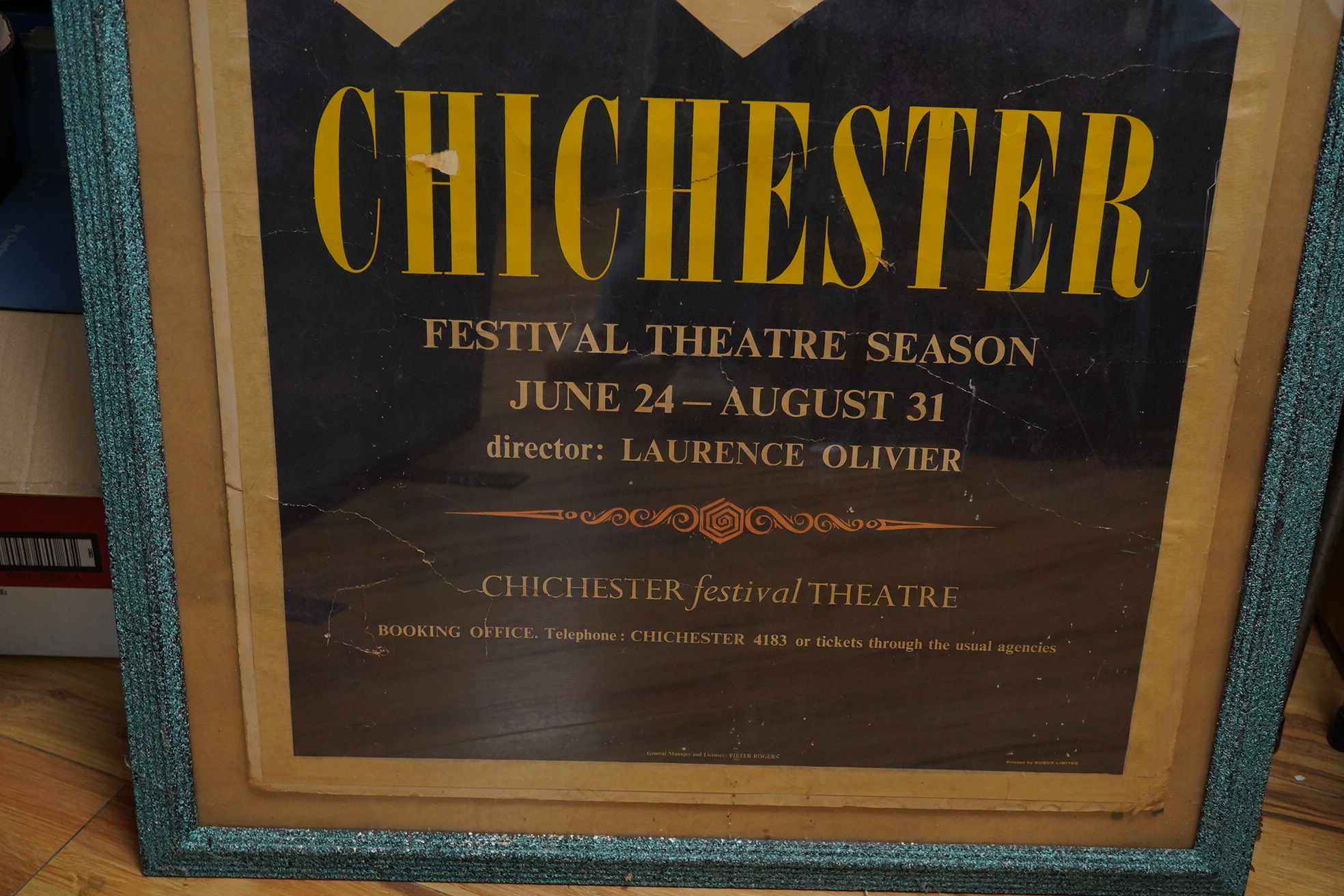An early 1960s original Chichester Festival Theatre poster, dated June 24 - August 31, director Lawrence Olivier, printed by Robor Limited, framed